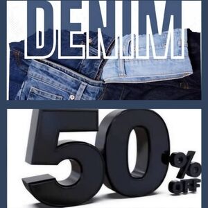 ALL DENIM 50% OFF ● Jeans ● Skirts ● Tops ● Jackets ● Shorts